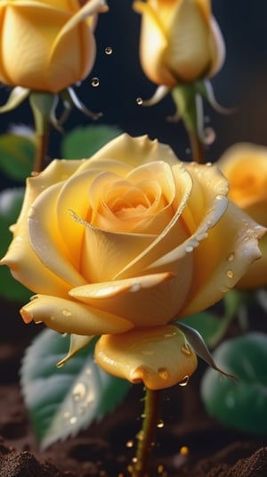 yellow blooming roses grows from the soil,vibrant and dripping with dew in brigh light,(falling petals),(blur background),and the petals formed a lovely heart on the ground,
photorealistic

