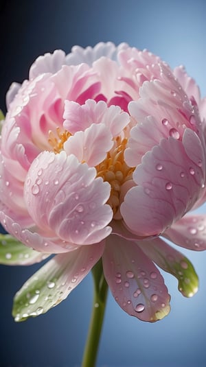 (best quality,8K,highres,masterpiece), ultra-detailed, hyper-realistic image of a dew-covered peony flower at an microscopic level in a crystal sphere, Capture the intricate details of the flower’s cellular structure, the delicate interplay of light and shadow on its vibrant petals, and the glistening droplets of morning dew clinging to the fine hairs,The background should be a soft, out-of-focus green that suggests the natural environment without detracting from the flower’s stunning details, Emphasize the contrast between the flower’s soft textures and the sharp clarity of the water droplets.