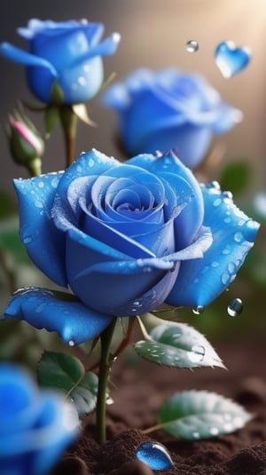 blue blooming roses growing from the soil,delicate and voluptuous covered by dew in soft brigh light,(falling petals),(blur background),and the petals formed a lovely heart on the ground,
photorealistic

