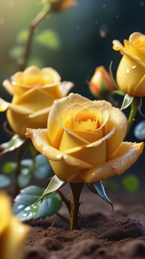 yellow blooming roses grows from the soil,vibrant and dripping with dew in brigh light,(falling petals),(blur background),and the petals formed a lovely heart on the ground,
photorealistic

