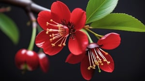 very closeup, a cherry tree branch with red flowers, simple lightblack background, sharp focus, colorful, high contrast, detailed flower petals, fresh green leaves, soft natural lighting, delicate and intricate branches, vibrant and saturated colors, high resolution,realistic,masterfully captured,macro detail beautiful 

