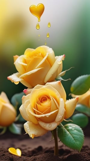 yellow blooming roses grows from the soil,vibrant and dripping with dew like a virgin beauty,(falling petals),(blur background),and the petals formed a lovely heart on the ground,
photorealistic

