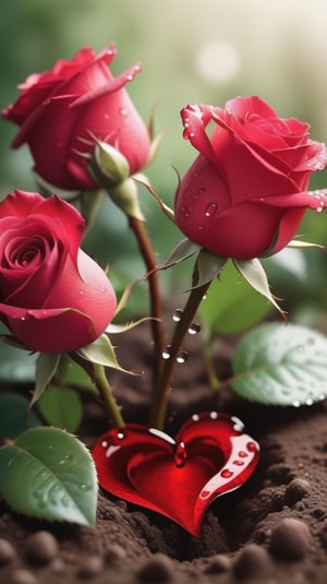 red roses and buds with two larger leaves growing from the soil,delicate and voluptuous covered by dew in soft brigh light,(falling petals),(blur background),and the petals formed a lovely heart on the ground,

realistic,photo_(medium),photorealistic

