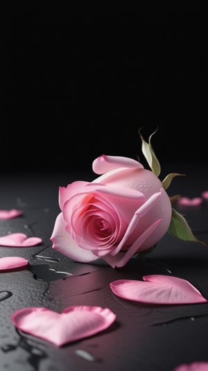 blank pure lightblack backround with one pink blooming rose,the petals are falling, and there are many petals makd up a love heart on the ground,with a thin root system,
photorealistic

