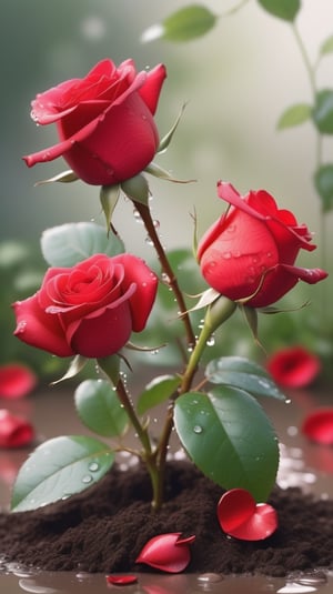 red roses and buds with two larger leaves growing from the soil,delicate and voluptuous covered by dew in soft brigh light,(falling petals),(blur background),and the petals formed a lovely heart on the ground,

realistic,photo_(medium),photorealistic

