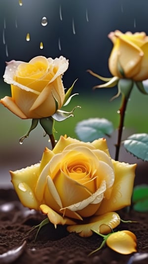 yellow blooming roses grows from the soil,vibrant and dripping with dew like a virgin beauty,(falling petals),(blur background),and the petals formed a lovely heart on the ground,
photorealistic

