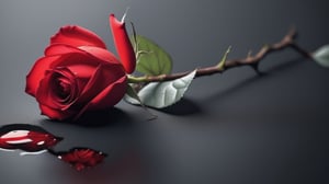 blank pure lightblack backround with one  red blooming rose,the petals are falling on the ground,with a thin root system,
photorealistic，

