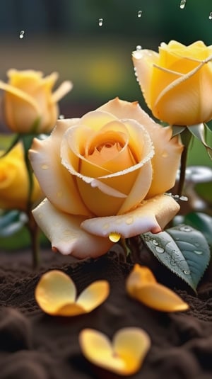 yellow blooming roses growing from the soil,delicate and voluptuous covered by dew in soft brigh light,(falling petals),(blur background),and the petals formed a lovely heart on the ground,

realistic,photo_(medium),photorealistic

