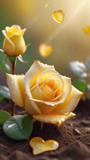 yellow blooming roses growing from the soil,delicate and voluptuous covered by dew in soft brigh light,(falling petals),(blur background),and the petals formed a lovely heart on the ground,
photorealistic

