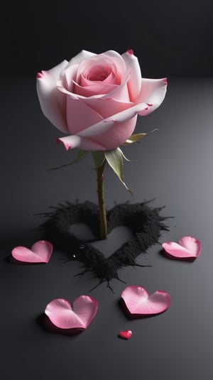 blank pure lightblack backround with one pink blooming rose,the petals are falling, and there are many petals makd up a love heart on the ground,with a thin root system,
photorealistic

