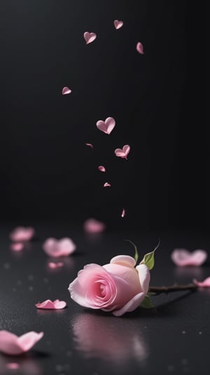 blank pure lightblack backround with one pink blooming rose,the petals are falling, and there are many petals makd up a love heart on the ground,with a thin root system,
photorealistic

