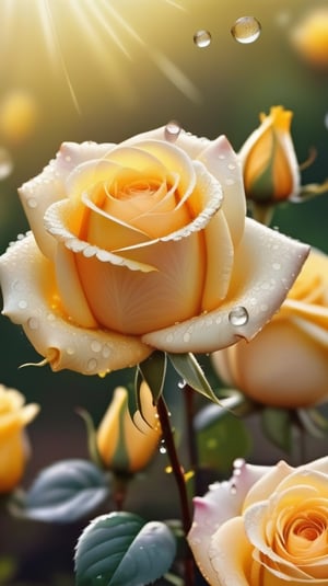 yellow blooming roses  ,delicate and voluptuous covered by dew in brigh light,(falling petals),(blur background),and the petals formed a lovely heart on the ground,
photorealistic

