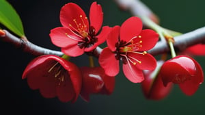 very closeup, a cherry tree branch with red flowers, simple lightblack background, sharp focus, colorful, high contrast, detailed flower petals, fresh green leaves, soft natural lighting, delicate and intricate branches, vibrant and saturated colors, high resolution,realistic,masterfully captured,macro detail beautiful 

