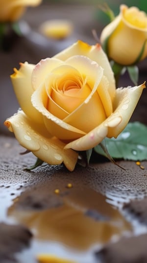 yellow blooming roses growing from the soil,delicate and voluptuous covered by dew in soft brigh light,(falling petals),(blur background),and the petals formed a lovely heart on the ground,

realistic,photo_(medium),photorealistic

