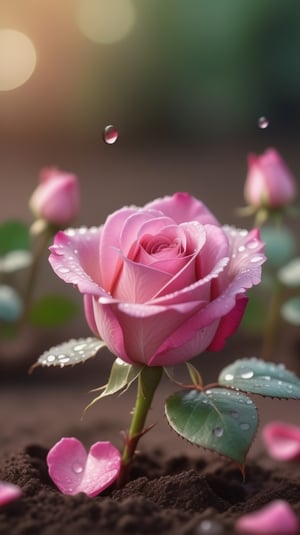  blurred background, a pink rose with 2 leaves sprouting from the soil and covered in dew, vibrant and flawless, (falling petals :1.2), petals falling to the ground and formed a heart shape,close-up shot.
photorealistic

