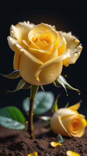 yellow blooming roses grows from the soil,vibrant and dripping with dew in brigh light,(falling petals),(blur background),and the petals formed a lovely heart on the ground,
photorealistic

