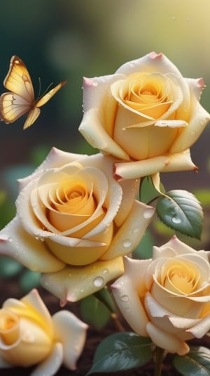 yellow blooming roses growing from the soil,delicate and voluptuous covered by dew in soft brigh light,(falling petals),(blur background),and the petals formed a lovely heart on the ground, little tender butterflies flying around above the roses 
photorealistic

