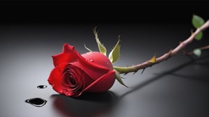 blank pure lightblack backround with one  red blooming rose,the petals are falling on the ground,with a thin root system,
photorealistic，

