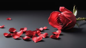 blank pure lightblack backround with one  red blooming rose,the petals are falling, and there are many petals formed a love heart on the ground,with a thin root system,
photorealistic，

