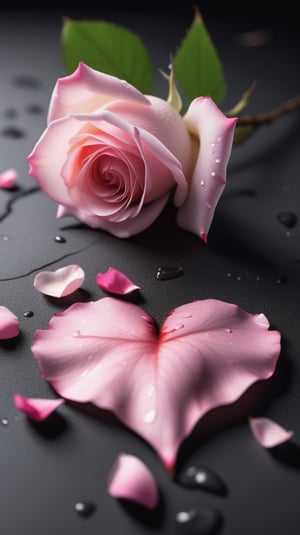 blank pure lightblack backround with one pink blooming rose,(falling petals),blur background, and there are many petals made up a love heart on the ground,with a thin root system,
photorealistic

