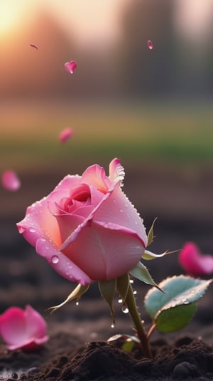  blurred background, a pink rose with 2 leaves sprouting from the soil and covered in dew, vibrant and flawless, (falling petals :1.2), petals falling to the ground and formed a heart shape,distant sunrise,close-up shot.
photorealistic

