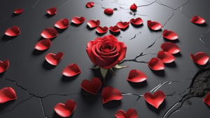 blank pure lightblack backround with one  red blooming rose,the petals are falling, and there are many petals formed a love heart on the ground,with a thin root system,
photorealistic，

