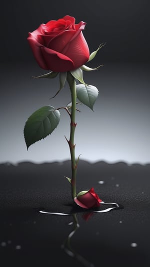 blank pure lightblack backround with one  red blooming rose,beautiful and lustful,the petals are falling on the ground,with a thin root system,
photorealistic，

