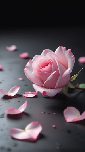 blank pure lightblack backround with one pink blooming rose,(falling petals),blur background, and there are many petals made up a love heart on the ground,with a thin root system,
photorealistic

