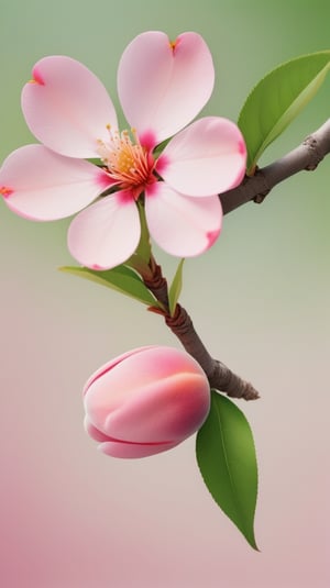 a peach tree branch with one pink flower and one bud, simple pure blank background,colorful, high contrast, detailed flower petals, green leaves, soft natural lighting, delicate and intricate branches, vibrant and saturated colors, high resolution,realistic,masterfully captured,macro detail beautiful 

