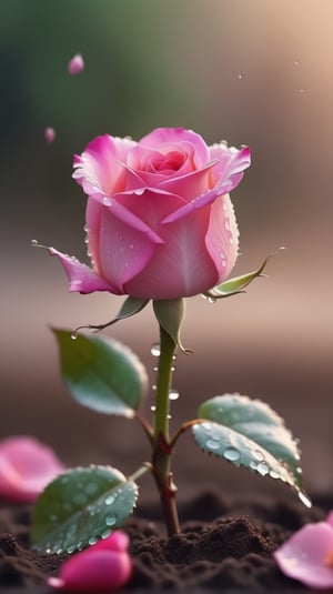  blurred background, a pink rose with 2 leaves sprouting from the soil and covered in dew, vibrant and flawless, (falling petals :1.2), petals falling to the ground and formed a heart shape,close-up shot.
photorealistic

