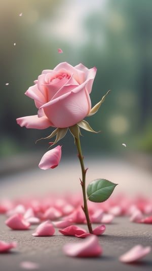 one pink blooming rose,(falling petals),blur background, and the petals formed a heart shape on the ground,
photorealistic

