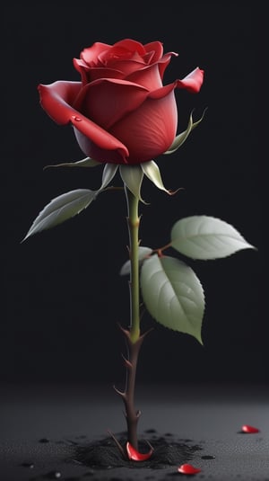 blank pure lightblack backround with one  red blooming rose,beautiful and lustful,the petals are falling on the ground,with a thin root system,
photorealistic，

