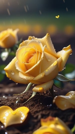 yellow blooming roses grows from the soil,vibrant and dripping with dew in brigh light,(falling petals),(blur background),and the petals formed a lovely heart on the ground,
photorealistic

