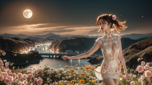 masterpiece, best quality, 1girl, (colorful),(finely detailed beautiful eyes and detailed face),light pink hair, White lace dress, brown eyes,plaits hairstyle,cinematic lighting,bust shot,extremely detailed CG unity 8k wallpaper,white hair,solo,smile,intricate skirt,((flying petal)),(Flowery meadow) sky, cloudy_sky, building, moonlight, moon, night, (dark theme:1.3), light, fantasy,jisoo,1 girl,Asia,Woman ,z1l4,enhanc3d,beaded flower decoration, five fingers, normal hands, beautiful legs, nudity, nsfw