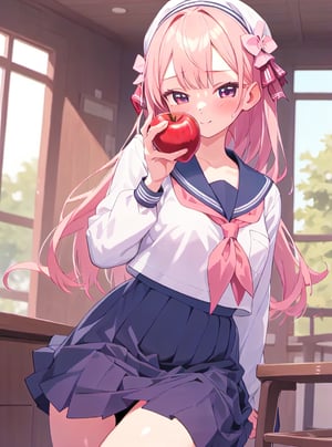 1girl, solo, blush, serafuku, sifdhofdsohyou ah, apple