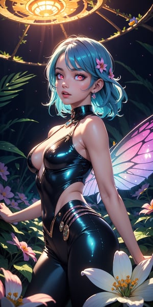 (masterpiece, best quality, extremely high resolution, aesthetic, 8K), cowboy shot from front, a beautiful cute elegant fae, seductive, sexy, (she has beautiful detailed colorful nebula glowing fae wings:1.2), (she is in a colorful vibrant fantastical magical forrest:1.3), (glowing colorful magical flowers:1.5), (beautiful glowing eyes:1.4), looking at viewer, beautiful blue sky, (godrays:1.3) shining through the top trees, mystical lighting, (translucent, iridescent:1.3), (translucent clothes:1.4), vibrant Colors, rich colors,