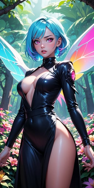 (masterpiece, best quality, extremely high resolution, aesthetic, 8K), cowboy shot from front, a beautiful cute elegant fae, she has fae wings, (she is in a colorful vibrant fantastical magical forrest:1.2), (glowing colorful magical flowers:1.3), (beautiful glowing eyes:1.2), looking at viewer, beautiful blue sky, godrays shining through the top trees, mystical lighting, backlit, (translucent, iridescent:1.3), vibrant Colors, rich colors,Colors