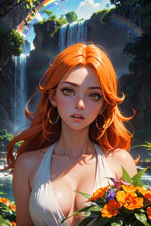 (masterpiece, best quality, high resolution), (cowboy shot), a beautiful girl exploring the jungle, bright orange hair, medium hair, (wearing jungle explorer gear:1.4), (waterfall, rays of light hitting the waterfall creating a rainbow, exotic rainbow-colored bright plants and flowers, exotic flora and fauna:1.5), jungle animals, sun rays shining through top trees, (beautiful detailed orange eyes:1.3), (extremely detailed face, picture-perfect face), (amazed facial expression:1.4), (supermodel, slim, perfect female body), earrings, vibrant colors, rich colors, score_9,