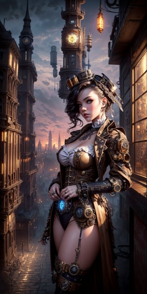 (masterpiece, best quality, extremely high resolution, aesthetic, 8K), a beautiful cute girl, (steampunk, steampunk city in background, steampunk clothing:1.5), 