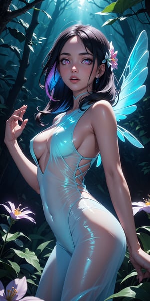 (masterpiece, best quality, extremely high resolution, aesthetic, 8K), cowboy shot from front, a beautiful cute elegant fae, (she has beautiful detailed fae wings), (she is in a colorful vibrant fantastical magical forrest:1.2), (glowing colorful magical flowers:1.4), (beautiful glowing eyes:1.2), looking at viewer, beautiful blue sky, (godrays:1.3) shining through the top trees, mystical lighting, backlit, (translucent, iridescent:1.3), (translucent clothes:1.2), (bioluminescence:1.2), vibrant Colors, rich colors,