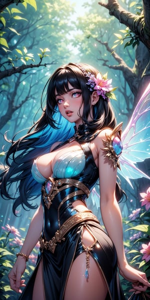 (masterpiece, best quality, extremely high resolution, aesthetic, 8K), cowboy shot from front, a beautiful cute elegant fae, she has fae wings, (she is in a colorful vibrant fantastical magical forrest:1.2), (glowing colorful magical flowers:1.3), (beautiful glowing eyes:1.2), looking at viewer, beautiful blue sky, godrays shining through the top trees, mystical lighting, backlit, (translucent, iridescent:1.3), vibrant Colors, rich colors,1 girl