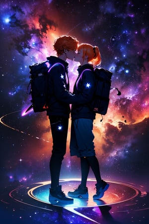 (masterpiece, best quality, extremely high resolution, aesthetic, 8K), full body shot, zoomed out, (black silhouettes of 2 people, a man and a woman kissing, very dark black silhouettes:1.4), (the man has glowing light blonde hair, the woman has glowing orange hair:1.3), (dark night sky with planets and galaxy nebula and blue and purple shooting stars:1.5), they are both wearing a backpack,
