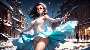 (masterpiece, best quality, extremely high resolution, aesthetic, 8K), cowboy shot, a beautiful elegant woman, ice skater, she is ice skating, (skirt, panties:1.3), it is snowing, detailed snowflakes in the air, (she is doing elegant graceful pirouettes:1.4), cameltoe, 1 girl, looking at viewer, Colors, perfect hands, better_hands, 