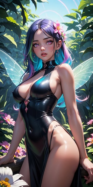 (masterpiece, best quality, extremely high resolution, aesthetic, 8K), cowboy shot from front, a beautiful cute elegant fae, (she has beautiful detailed fae wings), (she is in a colorful vibrant fantastical magical forrest:1.2), (glowing colorful magical flowers:1.4), (beautiful glowing eyes:1.3), looking at viewer, beautiful blue sky, (godrays:1.3) shining through the top trees, mystical lighting, (translucent, iridescent:1.3), (translucent clothes:1.2), vibrant Colors, rich colors,