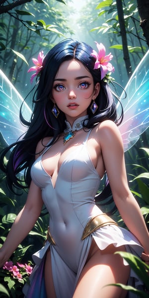 (masterpiece, best quality, extremely high resolution, aesthetic, 8K), cowboy shot from front, a beautiful cute elegant fairy, she has fairy wings, (she is in a colorful vibrant fantastical magical forrest:1.2), (glowing colorful magical flowers:1.3), (beautiful glowing eyes:1.2), looking at viewer, beautiful blue sky, godrays shining through the top trees, mystical lighting, backlit, (translucent, iridescent:1.3), vibrant Colors, rich colors,