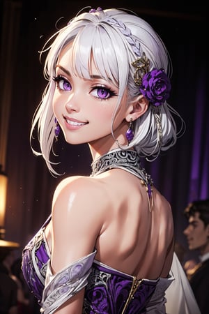 (masterpiece, best quality, extremely high resolution, aesthetic, 8K), (a beautiful cute woman), view from behind, portrait, (beautiful detailed purple eyes:1.6), looking over shoulder, looking at viewer, (intricate hairstyle, bangs, hair ornament, white hair:1.4), (wearing extremely intricate designer clothes:1.8), (extremely detailed face, picture-perfect face), (loving smile:1.7), (supermodel, slim, perfect female body), earrings, necklace, gloomy atmospheric lighting, vibrant colors, rich colors, score_9,
