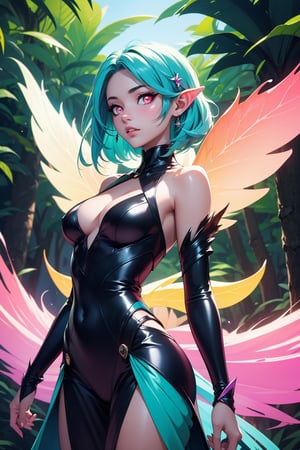 (masterpiece, best quality, extremely high resolution, aesthetic, 8K), cowboy shot from front, a beautiful cute elegant fae, she has fae wings, (she is in a colorful vibrant fantastical magical forrest:1.2), (glowing colorful magical flora:1.2), (beautiful glowing eyes:1.2), looking at viewer, beautiful blue sky, godrays shining through the top trees, mystical lighting, backlit, translucent, iridescent, Colors