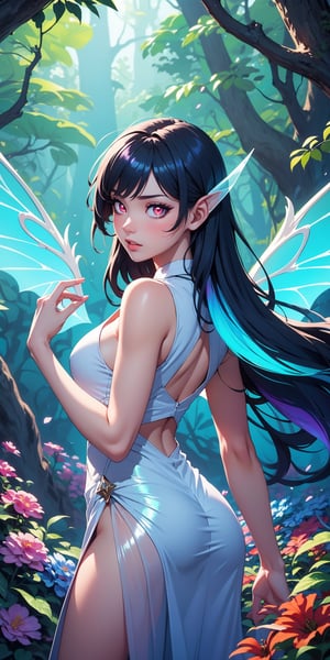 (masterpiece, best quality, extremely high resolution, aesthetic, 8K), cowboy shot from front, a beautiful cute elegant fae, she has fae wings, (she is in a colorful vibrant fantastical magical forrest:1.2), (glowing colorful magical flowers:1.3), (beautiful glowing eyes:1.2), looking at viewer, beautiful blue sky, godrays shining through the top trees, mystical lighting, backlit, (translucent, iridescent:1.3), vibrant Colors, rich colors,Colors