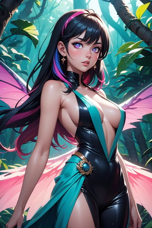 (masterpiece, best quality, extremely high resolution, aesthetic, 8K), cowboy shot from front, a beautiful cute elegant fae, she has fae wings, (she is in a colorful vibrant fantastical magical forrest:1.2), (glowing colorful magical flora:1.2), (beautiful glowing eyes:1.2), looking at viewer, beautiful blue sky, godrays shining through the top trees, mystical lighting, backlit, translucent, iridescent, Colors