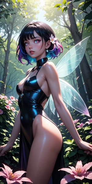 (masterpiece, best quality, extremely high resolution, aesthetic, 8K), cowboy shot from front, a beautiful cute elegant fairy, she has fairy wings, (she is in a colorful vibrant fantastical magical forrest:1.2), (glowing colorful magical flowers:1.3), (beautiful glowing eyes:1.2), looking at viewer, beautiful blue sky, godrays shining through the top trees, mystical lighting, backlit, (translucent, iridescent:1.3), vibrant Colors, rich colors,